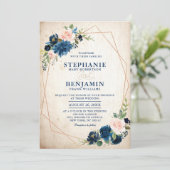 Navy Blue Blush Pink Rose Boho Geometric Wedding Kaart (Staand voorkant)