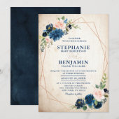 Navy Blue Blush Pink Rose Boho Geometric Wedding Kaart (Voorkant / Achterkant)