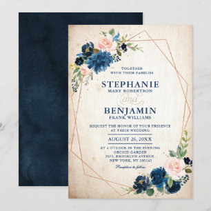 Navy Blue Blush Pink Rose Boho Geometric Wedding Kaart