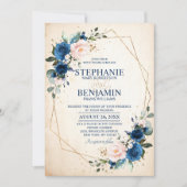 Navy Blue Blush Pink Rose Boho Geometric Wedding Kaart (Voorkant)