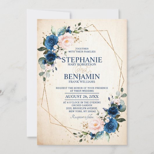 Navy Blue Blush Pink Rose Boho Geometric Wedding Kaart (Voorkant)