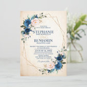 Navy Blue Blush Pink Rose Boho Geometric Wedding Kaart (Staand voorkant)