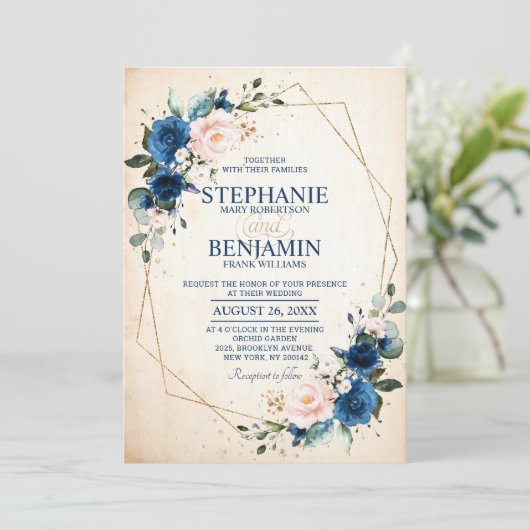 Navy Blue Blush Pink Rose Boho Geometric Wedding Kaart (Staand voorkant)