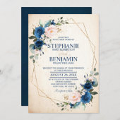 Navy Blue Blush Pink Rose Boho Geometric Wedding Kaart (Voorkant / Achterkant)