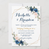 Navy Blue Blush Pink Rose Boho Geometric Wedding Kaart (Voorkant)