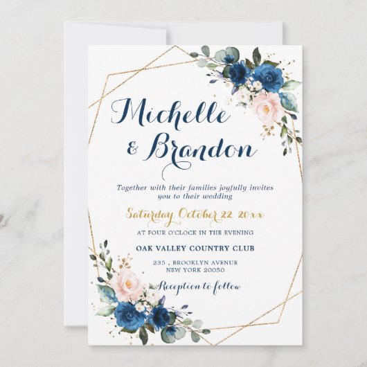 Navy Blue Blush Pink Rose Boho Geometric Wedding Kaart (Voorkant)