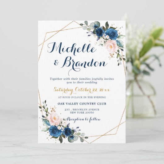 Navy Blue Blush Pink Rose Boho Geometric Wedding Kaart (Staand voorkant)