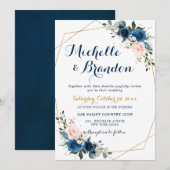 Navy Blue Blush Pink Rose Boho Geometric Wedding Kaart (Voorkant / Achterkant)