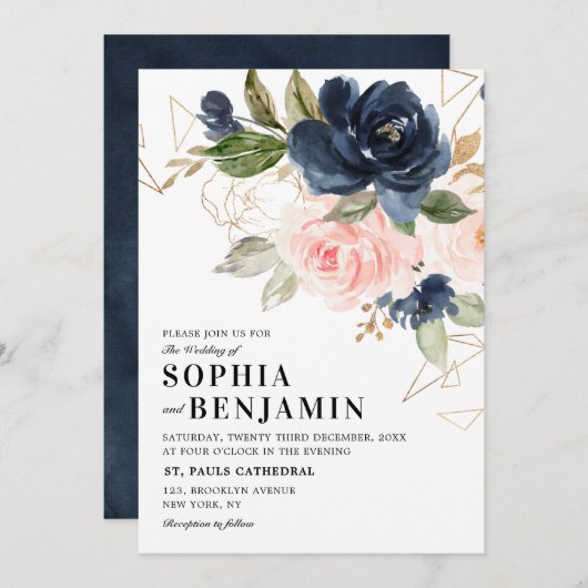Navy Blue Blush Pink Rose Boho Geometric Wedding Kaart (Voorkant / Achterkant)