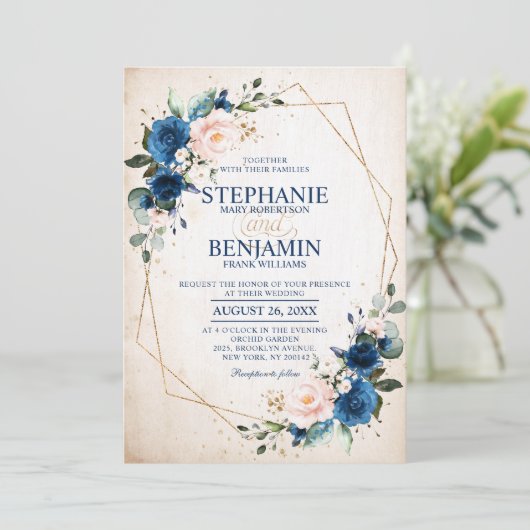 Navy Blue Blush Pink Rose Boho Geometric Wedding Kaart (Staand voorkant)