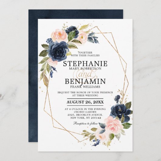 Navy Blue Blush Pink Rose Boho Geometric Wedding Kaart (Voorkant / Achterkant)