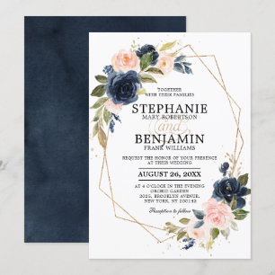 Navy Blue Blush Pink Rose Boho Geometric Wedding Kaart
