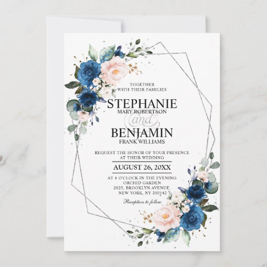 Navy Blue Blush Pink Rose Boho Geometric Wedding Kaart (Voorkant)
