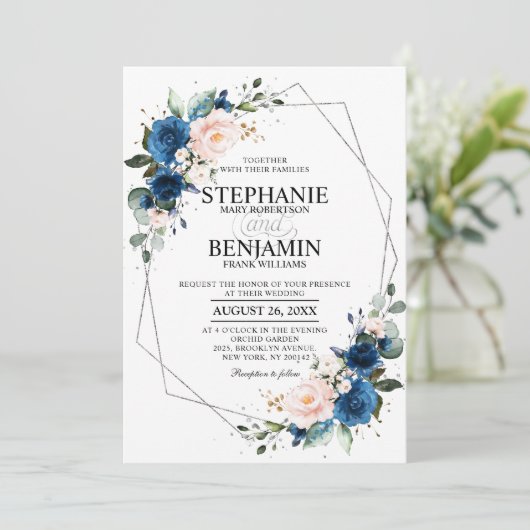 Navy Blue Blush Pink Rose Boho Geometric Wedding Kaart (Staand voorkant)