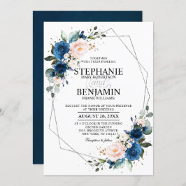 Navy Blue Blush Pink Rose Boho Geometric Wedding Kaart