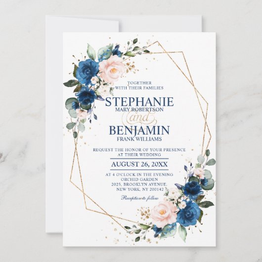 Navy Blue Blush Pink Rose Boho Geometric Wedding Kaart (Voorkant)