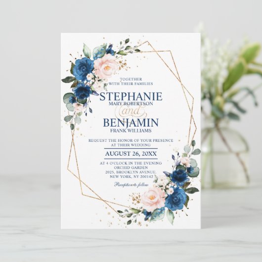 Navy Blue Blush Pink Rose Boho Geometric Wedding Kaart (Staand voorkant)