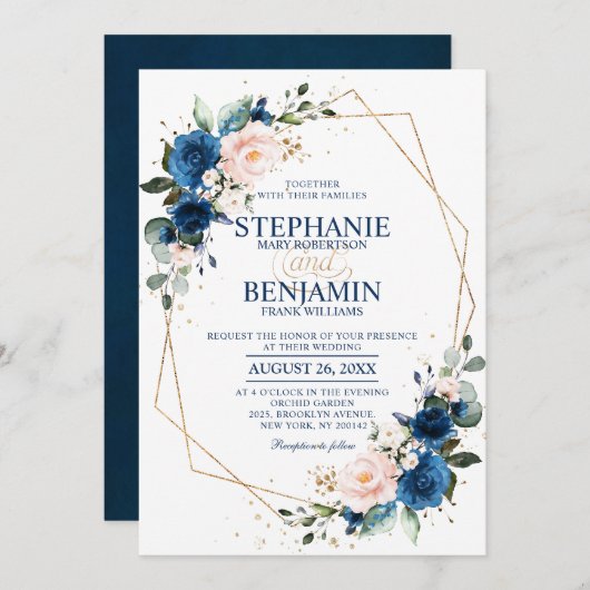 Navy Blue Blush Pink Rose Boho Geometric Wedding Kaart (Voorkant / Achterkant)
