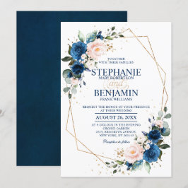 Navy Blue Blush Pink Rose Boho Geometric Wedding Kaart