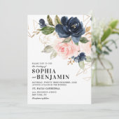 Navy Blue Blush Pink Rose Boho Geometric Wedding Kaart (Staand voorkant)