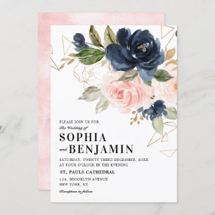 Navy Blue Blush Pink Rose Boho Geometric Wedding Kaart