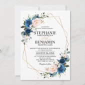 Navy Blue Blush Pink Rose Boho Geometric Wedding Kaart (Voorkant)