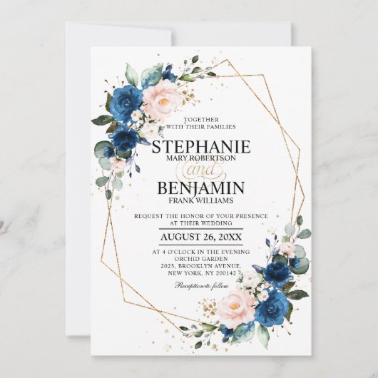 Navy Blue Blush Pink Rose Boho Geometric Wedding Kaart (Voorkant)