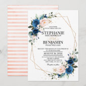 Navy Blue Blush Pink Rose Boho Geometric Wedding Kaart (Voorkant / Achterkant)