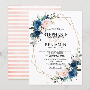 Navy Blue Blush Pink Rose Boho Geometric Wedding Kaart