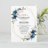Navy Blue Blush Pink Rose Boho Geometric Wedding Kaart (Staand voorkant)