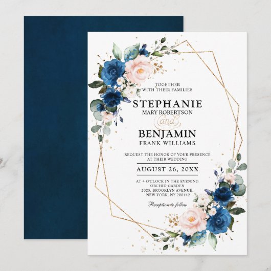 Navy Blue Blush Pink Rose Boho Geometric Wedding Kaart (Voorkant / Achterkant)