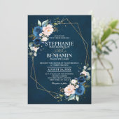 Navy Blue Blush Pink Rose Boho Geometric Wedding Kaart (Staand voorkant)