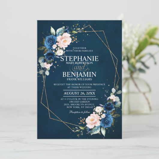Navy Blue Blush Pink Rose Boho Geometric Wedding Kaart (Staand voorkant)