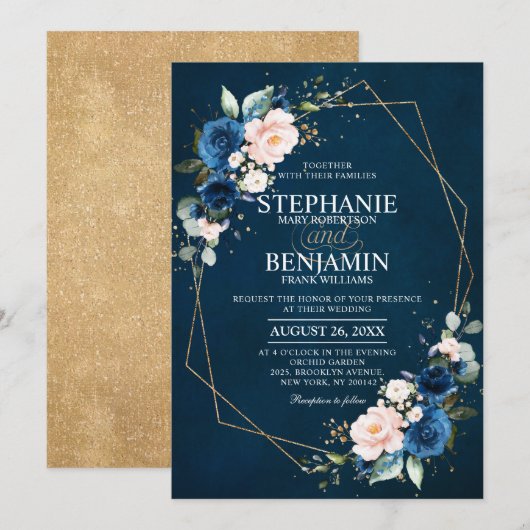Navy Blue Blush Pink Rose Boho Geometric Wedding Kaart (Voorkant / Achterkant)