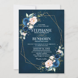 Navy Blue Blush Pink Rose Boho Geometric Wedding Kaart