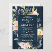 Navy Blue Blush Pink Rose Boho Geometric Wedding Kaart (Voorkant)