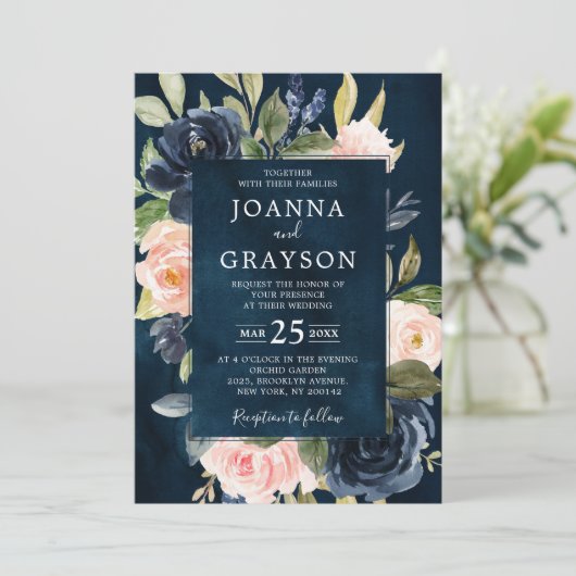 Navy Blue Blush Pink Rose Boho Geometric Wedding Kaart (Staand voorkant)