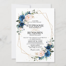 Navy Blue Blush Pink Rose Boho Geometric Wedding Kaart
