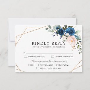 Navy Blue Blush Pink Rose Boho Geometric Wedding RSVP Kaartje