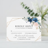 Navy Blue Blush Pink Rose Boho Geometric Wedding RSVP Kaartje (Staand voorkant)