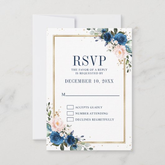 Navy Blue Blush Pink Rose Boho Geometric Wedding RSVP Kaartje (Voorkant)