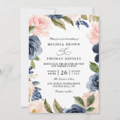 Navy Blue Blush Pink Rose Boho QR Code Wedding Kaart (Voorkant)