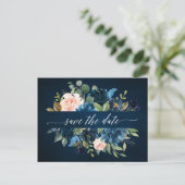 Navy Blue Blush Pink Rose Boho Save the Date Aankondigingskaart (Staand voorkant)