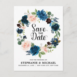 Navy Blue Blush Pink Rose Boho Save the Date Aankondigingskaart