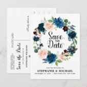 Navy Blue Blush Pink Rose Boho Save the Date Aankondigingskaart (Voorkant / Achterkant)