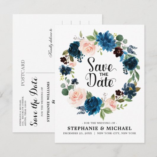 Navy Blue Blush Pink Rose Boho Save the Date Aankondigingskaart (Voorkant / Achterkant)