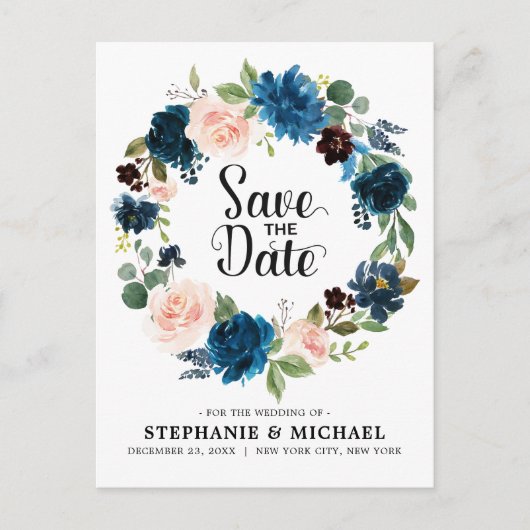 Navy Blue Blush Pink Rose Boho Save the Date Aankondigingskaart (Voorkant)