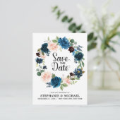 Navy Blue Blush Pink Rose Boho Save the Date Aankondigingskaart (Staand voorkant)