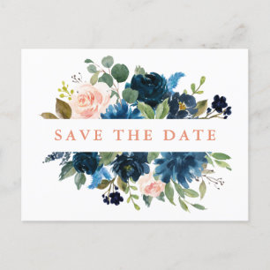Navy Blue Blush Pink Rose Boho Save the Date Aankondigingskaart