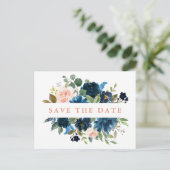 Navy Blue Blush Pink Rose Boho Save the Date Aankondigingskaart (Staand voorkant)